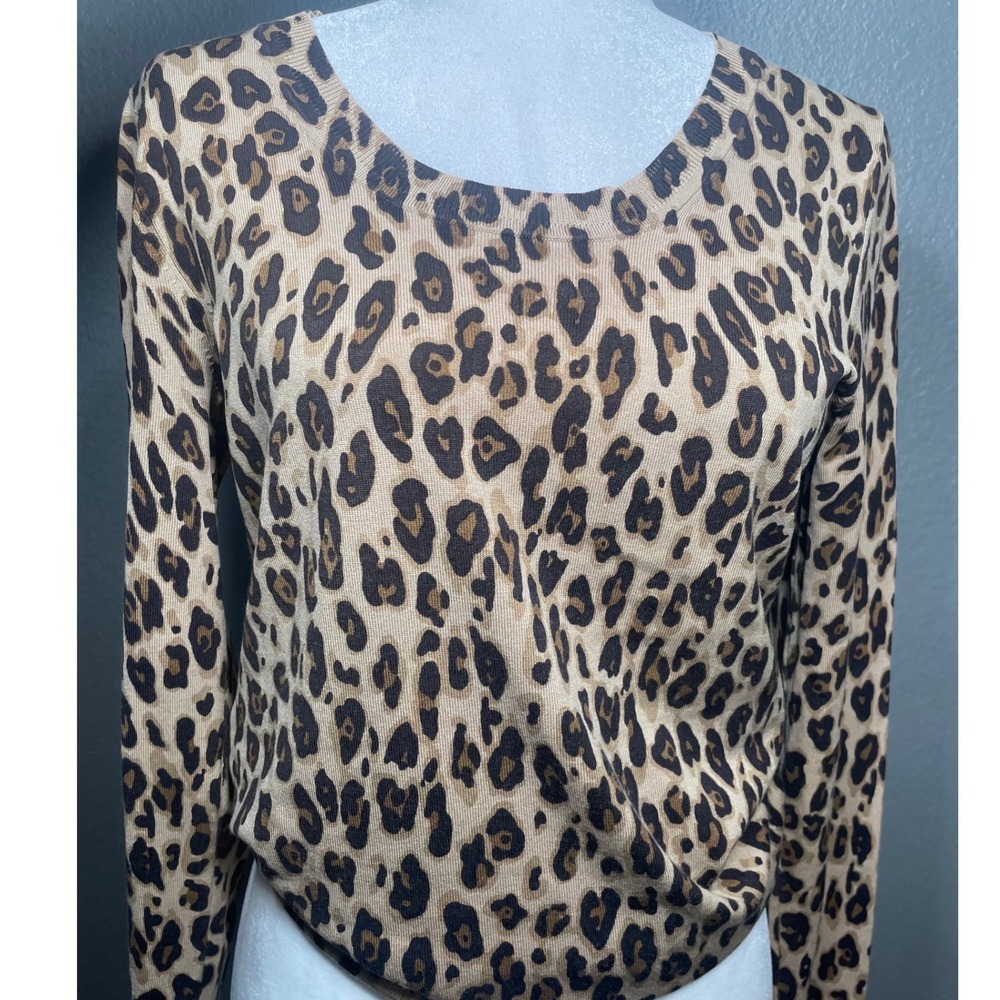 Josephine Chaus Womens Leopard Print Silk Blend Long Sleeve Sweater Java Multi M